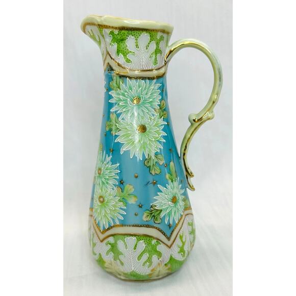 Antique Tall Porcelain Tankard Pitcher – Hand Painted Floral Design with Gilding - Picture 3 of 8